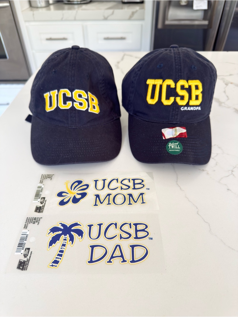 UCSB COLLEGE BUNDLE,Navy and Yellow Baseball Caps, Grandpa & Plain. Plus Decals